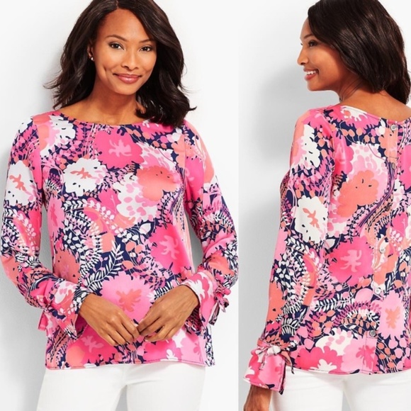 Talbots Tops - Talbots Cascading Flowers Long Tie-Sleeve Blouse